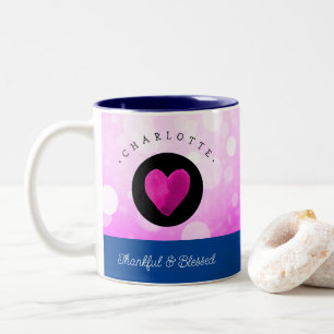 Caneca De Café Em Dois Tons Coração Bonita e Abençoado Adicione Seu Nome Rosa