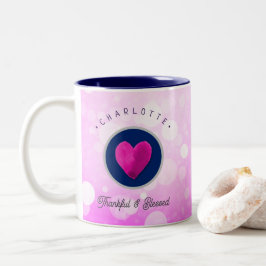 Caneca De Café Em Dois Tons Coração Bonita e Abençoado Adicione Seu Nome Rosa