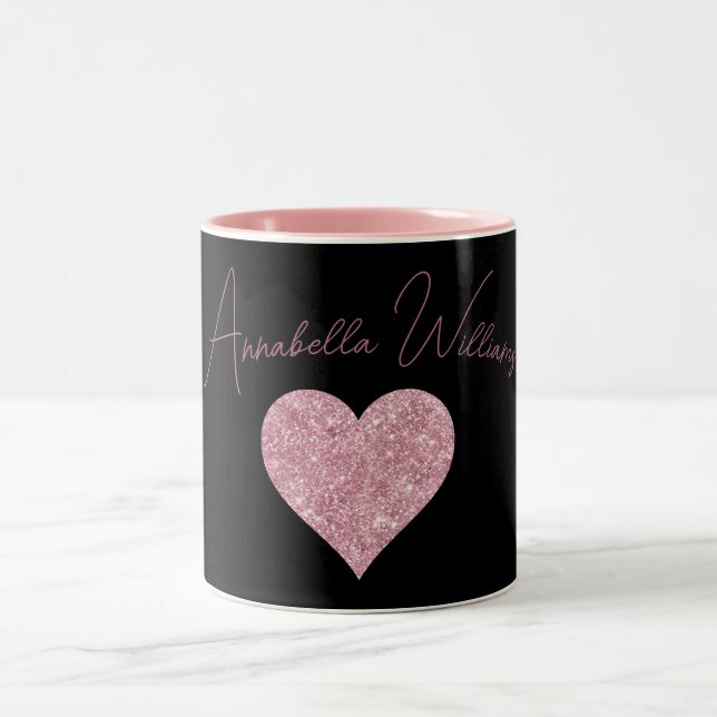 Caneca De Café Em Dois Tons Coração brilhante rosa em preto (Centro)