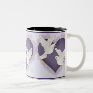 Caneca De Café Em Dois Tons Coração e pombas - roxo