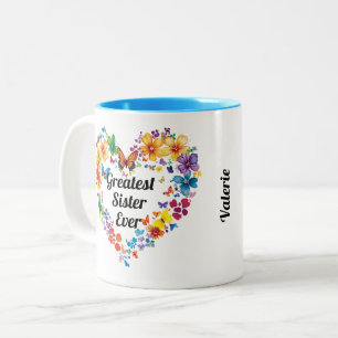 Caneca De Café Em Dois Tons Coração Floral "A Maior Irmã do Nunca" com Poema D
