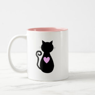 Caneca De Café Em Dois Tons Coração Rosa & Gato Preto 