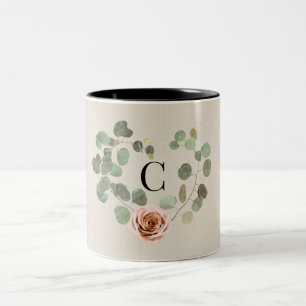 Caneca De Café Em Dois Tons Coração Rústico de Rosa Rosa e Eucalipto Casamento