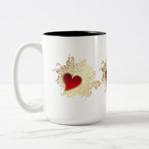 Caneca De Café Em Dois Tons Coração Vermelho no Dourado Filigre