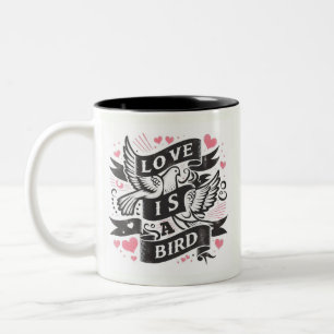 Caneca De Café Em Dois Tons Corações cor-de-rosa o amor é um Pássaro - pombas
