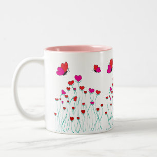 Caneca De Café Em Dois Tons Corações e Borboletas Namorados Amor
