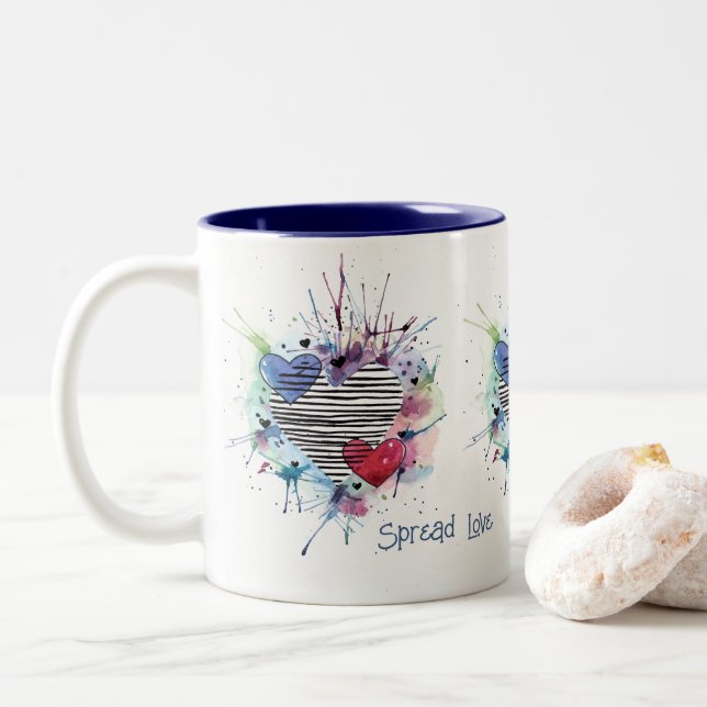 Caneca De Café Em Dois Tons Corações E Lavações Em Aquarela (Com Donut)