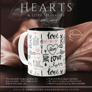 Caneca De Café Em Dois Tons Corações e Mensagens de Amor Cama Cerâmica de Dois