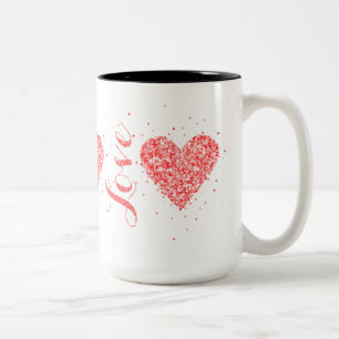 Caneca De Café Em Dois Tons Corações e Texto de Amor com Brilho Vermelho