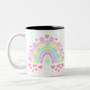 Caneca De Café Em Dois Tons Corações em Arco-Íris Pastel e Pegadas de Cachorro