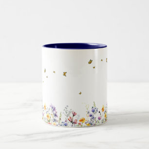 Caneca De Café Em Dois Tons Cores de Água Coloridas Flor Selvagem com Borbolet