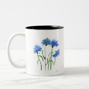 Caneca De Café Em Dois Tons Cornflower flores azuis aquarela rústica moderna