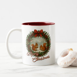Caneca De Café Em Dois Tons Coroa de Férias em Inglês Retro com Esquilos Fofos