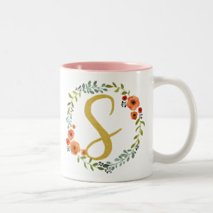 Caneca De Café Em Dois Tons Coroa de Flores Botânicas com Monograma Inicial S