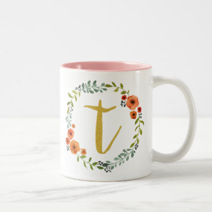 Caneca De Café Em Dois Tons Coroa de Flores Botânicas Monograma Inicial T Dour