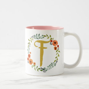 Caneca De Café Em Dois Tons Coroa de Flores Monograma Dourado Inicial F