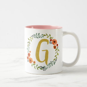 Caneca De Café Em Dois Tons Coroa de Flores Monograma Dourado Inicial G