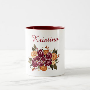 Caneca De Café Em Dois Tons Coroa de Rosa Vermelho Dourado em Aquarela com Nom