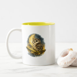 Caneca De Café Em Dois Tons Coruja Mística em Aquarela e Lua Crescente Dourada