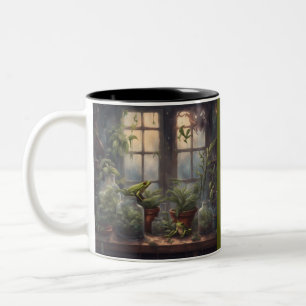 Caneca De Café Em Dois Tons Cottagecore Escuro Sapos e Plantas Janela