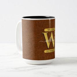 Caneca De Café Em Dois Tons Couro e monograma Dourado, falsos e antigos