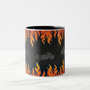 Caneca De Café Em Dois Tons Couro Preto Chamas Laranjas Fogo Quente Moto