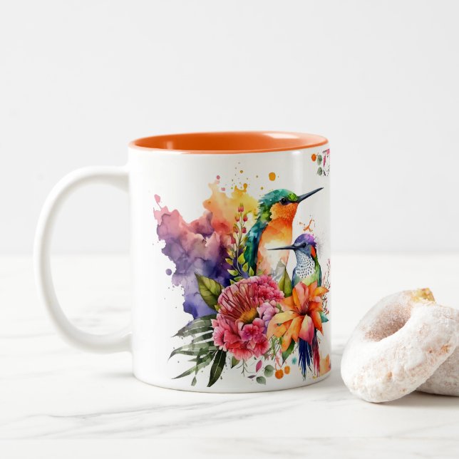 Caneca De Café Em Dois Tons Cozedura Cúbica Hummingbird e Flores Exóticas (Com Donut)