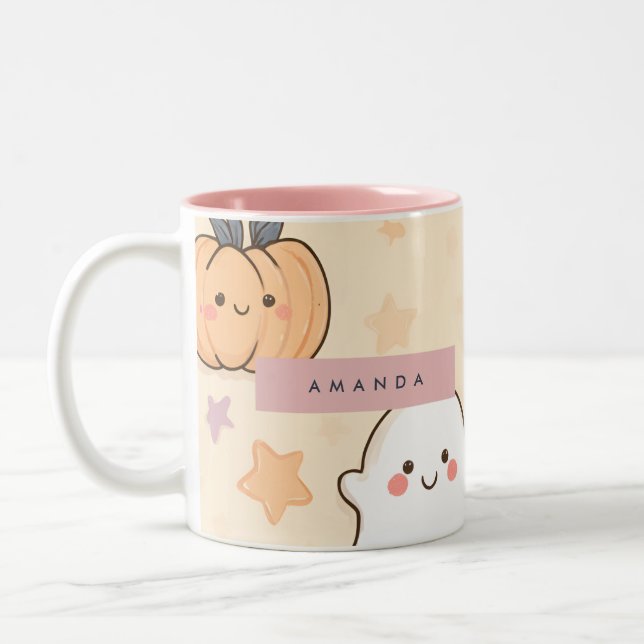 Caneca De Café Em Dois Tons Cozy Fall Halloween Ghost Pumpkin Personalizado (Esquerda)