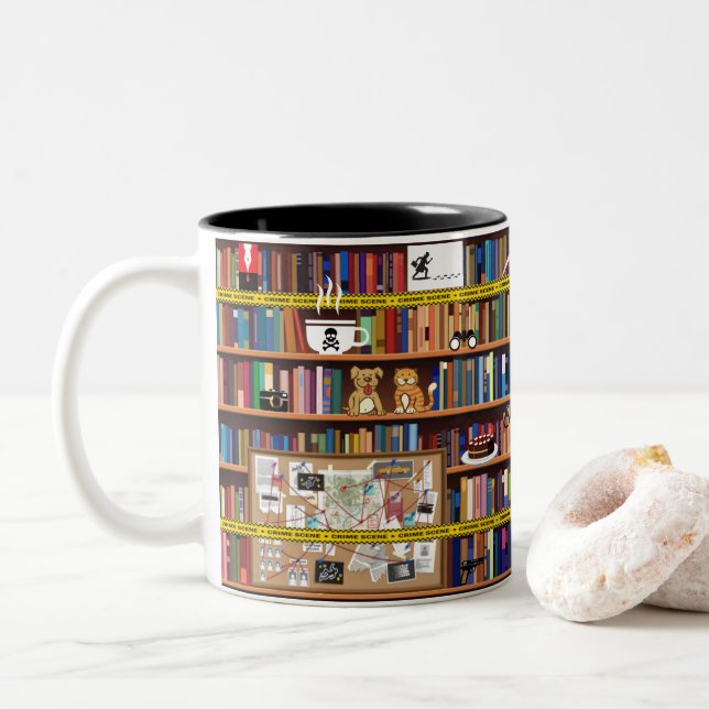 Caneca De Café Em Dois Tons Cozy Mysteries Bookshelf (Com Donut)