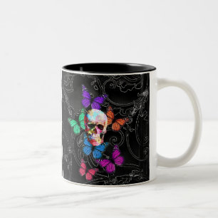 Caneca De Café Em Dois Tons Crânio da fantasia e borboletas coloridas