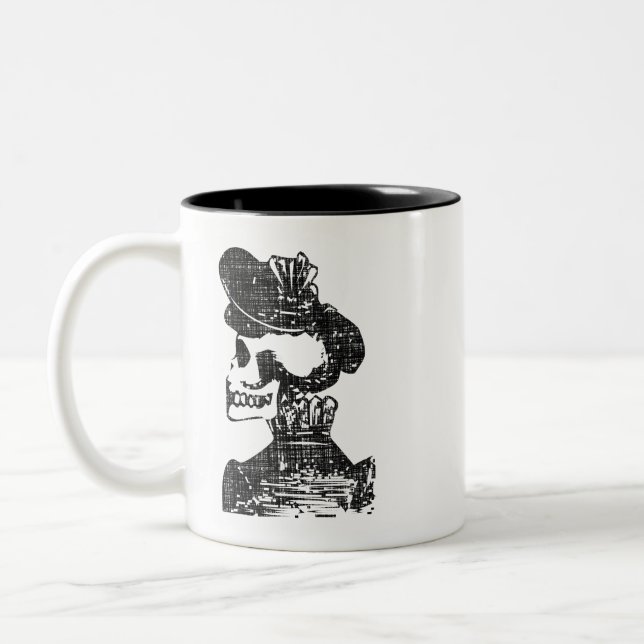 Caneca De Café Em Dois Tons Crânio de Arte Popular Mexicana com Touca Floral V (Esquerda)