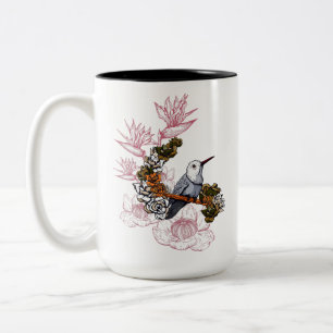 Caneca De Café Em Dois Tons Crânio e Pássaro com Flores