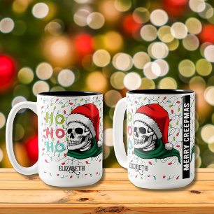 Caneca De Café Em Dois Tons Crânio Engraçado Com Chapéu de Papai Noel Ho Ho Ho
