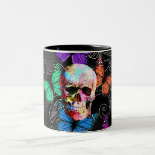 Caneca De Café Em Dois Tons Crânio fantasma e borboletas coloridas