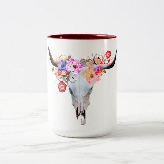 Caneca De Café Em Dois Tons Crânio floral rústico de Boho Longhorn