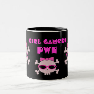 Caneca De Café Em Dois Tons Crânios do pwn dos Gamers da menina com óculos d