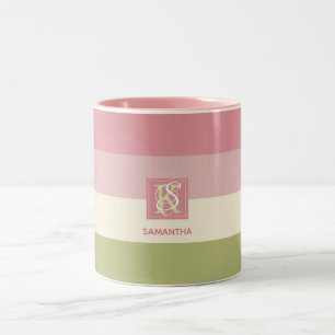 Caneca De Café Em Dois Tons Cream Rosa Verde Paleta de Cores Listras Monograma