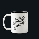 Caneca De Café Em Dois Tons Creative Juices<br><div class="desc">Tenho que fazer esses sucos criativos voarem de manhã! Esta caneca divertida e manchada lê "sucos criativos" em grande tipo de um lado e "bebida para inspo" em menor tipo do outro.</div>