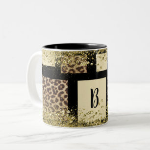 Caneca De Café Em Dois Tons Creme com bloco colorido Preto-marfim e Leopardo C