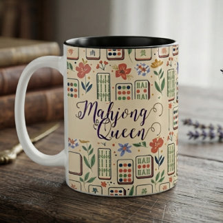 Caneca De Café Em Dois Tons Creme Elevante Floral Aquarela Rainha do Mahjong