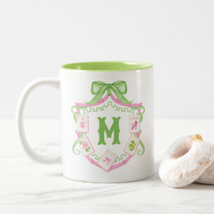 Caneca De Café Em Dois Tons Crest Monograma Mahjong Arco Rosa e Verde em Aquar