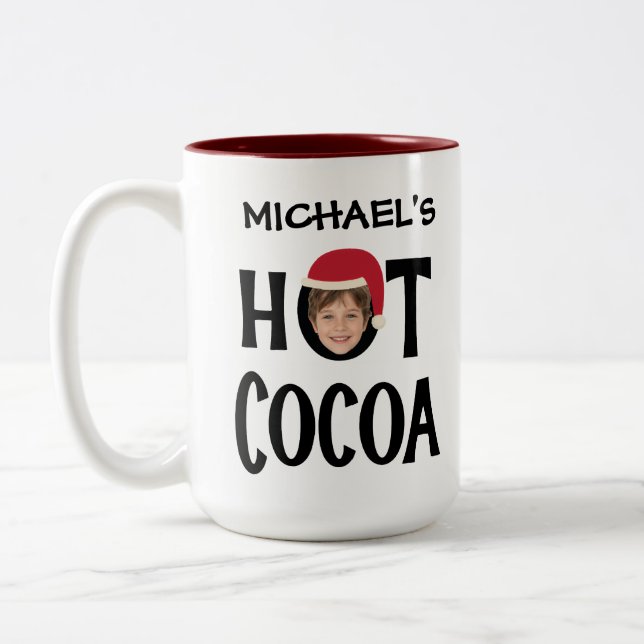 Caneca De Café Em Dois Tons Criança Personalizada Face & Name Hot Cocoa Natal (Esquerda)