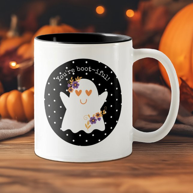 Caneca De Café Em Dois Tons Crianças: Fantasma de Halloween (Celebrate Halloween with a cute mug decorated with a ghost. Personalize it with your own text.)