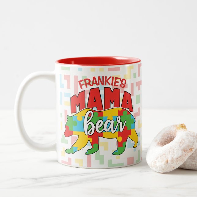 Caneca De Café Em Dois Tons Crianças Personalizadas NOME Mama Urso Autismo Sen (Com Donut)