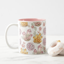 Caneca De Café Em Dois Tons Cristais e Rosas em Aquarela Pastel Padrão Two-T