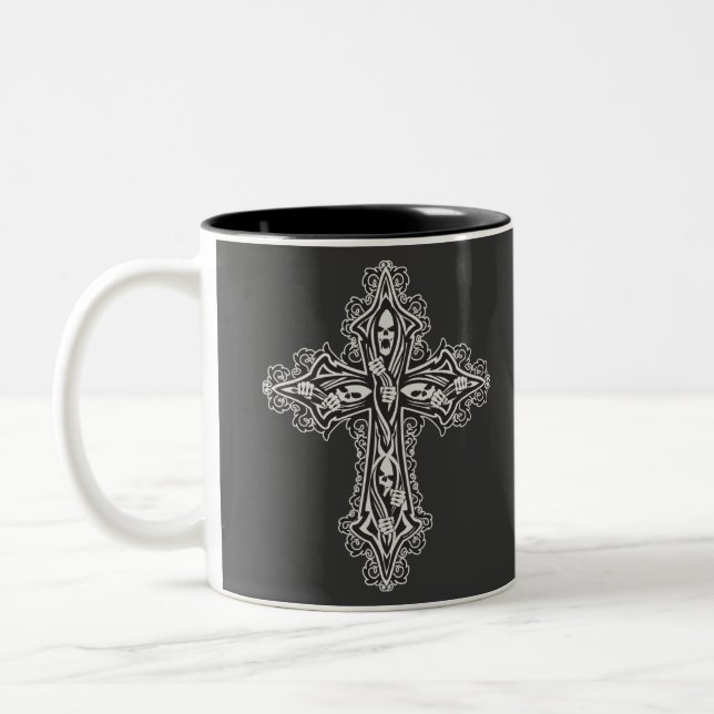 Caneca De Café Em Dois Tons Cruz do crânio gótico (Esquerda)