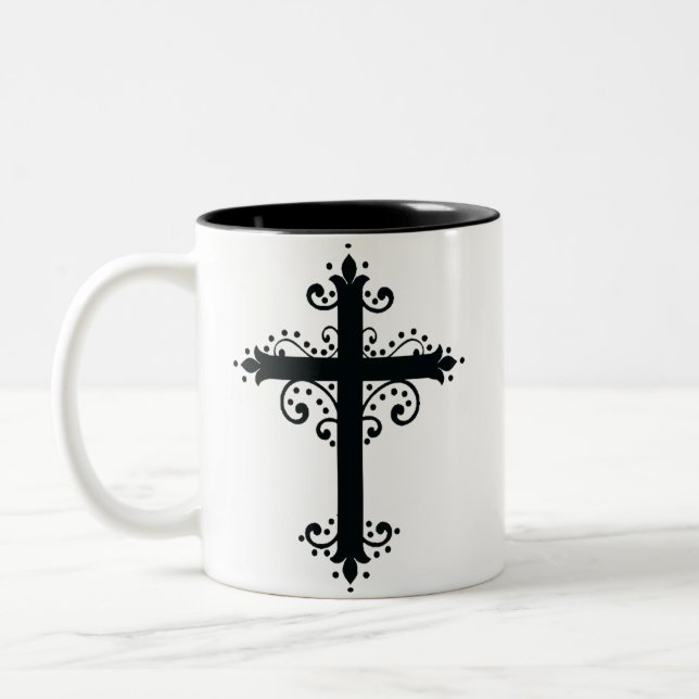 Caneca De Café Em Dois Tons Cruz Religiosa com um ornamento (Esquerda)