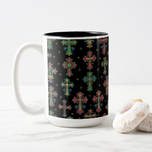 Caneca De Café Em Dois Tons Cruzes Coloridas / Fé com um Toque de Diversão