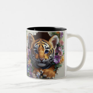 Caneca De Café Em Dois Tons Cubo De Tigre Adorável Pionando Por Um Floral Colo