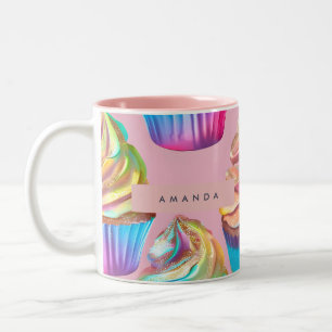 Caneca De Café Em Dois Tons Cupcake Personalizado de Arco-Íris Pastel com Bril